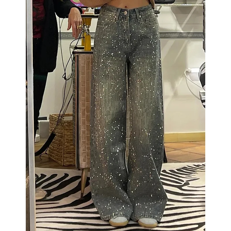 Damskie jeansy w stylu vintage z dżetami, luźne spodnie dżinsowe w stylu ulicznym, błyszczące, codzienne, patchworkowe, leniwe, proste, niebieskie spodnie.