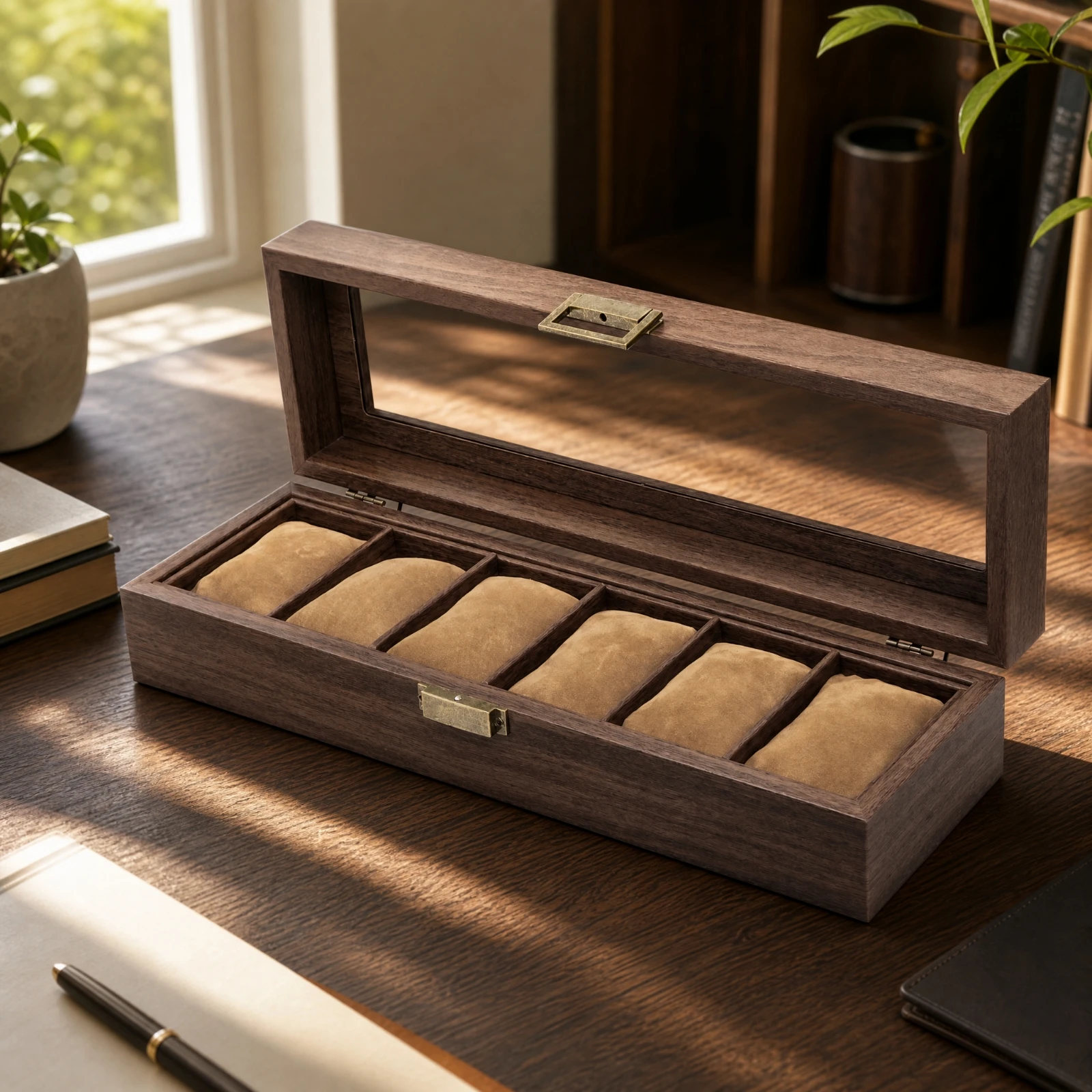 6-Slot Watch Display Box Vintage Watch Box with Glass Lid Cushioned Compact for Dresser, Shelf
