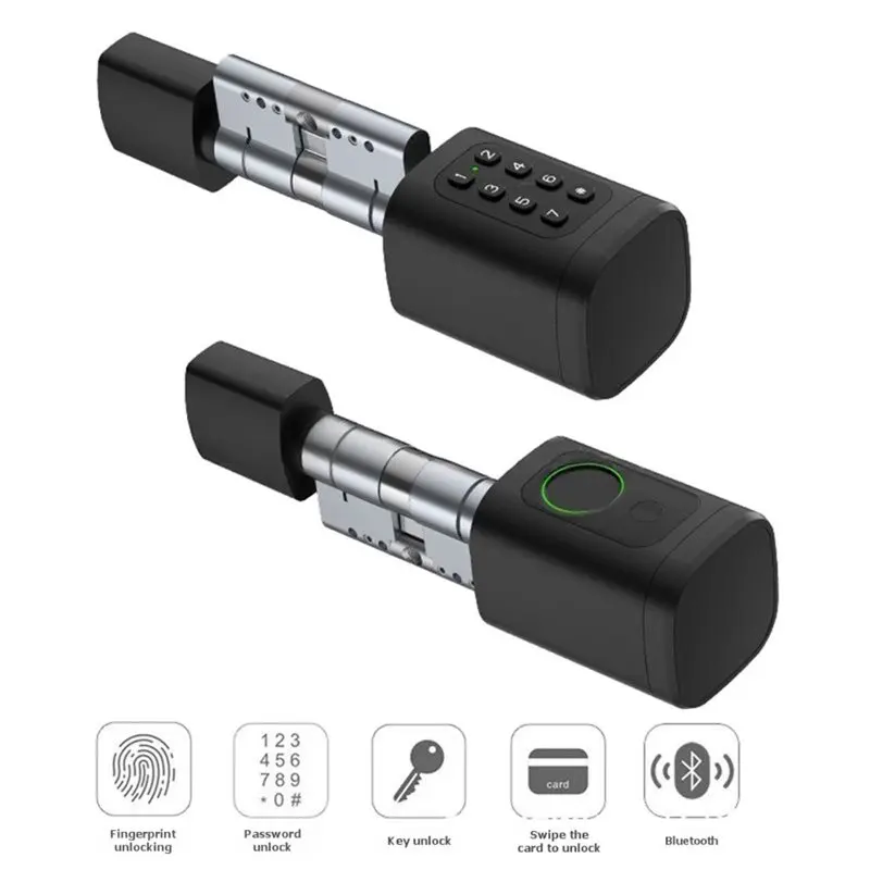 LLCS-Bluetooth Enabled Tuya Electronic Smart Door Lock Fingerprint Cylinder Digital Code Key Card Remote Control Adjustable 60-9