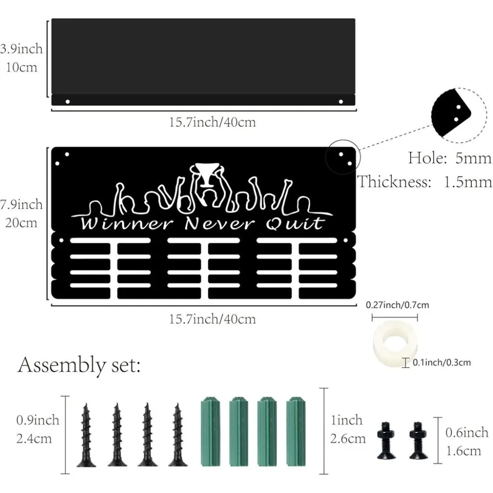 Medal Hanger Display with Shelf Stand - Sports 4 Rows Wall Mount Hold 70+ Medals 15.7 x 7.9Inch - Winner Never Quit