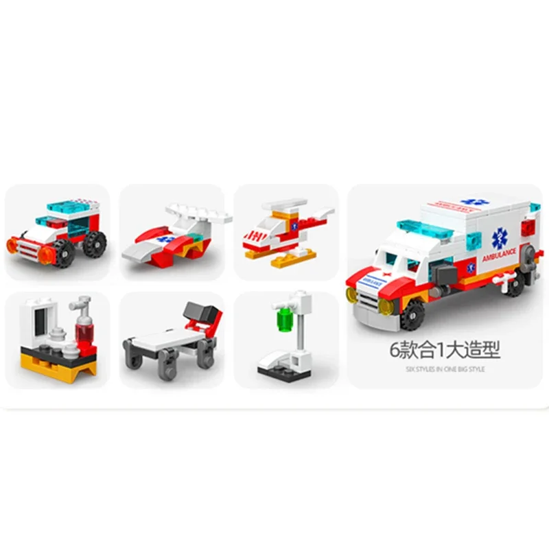 6in1 NEW Ambulance Escort Car Helicopter Paramedic Doctor Mini Loader Truck Classic Model Building Blocks Sets Bricks Toy City