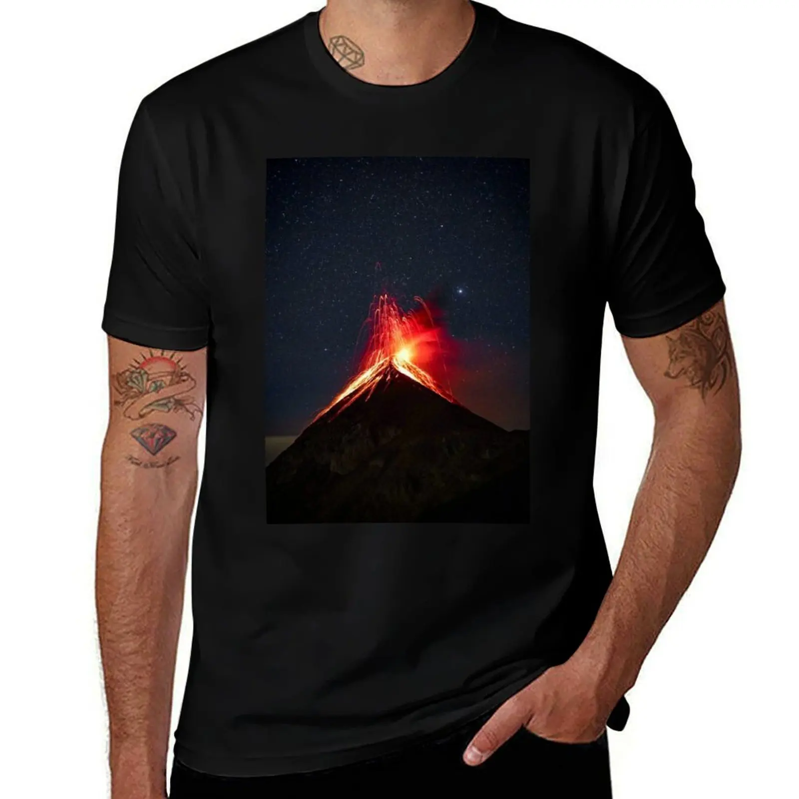 Volcano erupting in the night T-Shirt Basic Crew Neck Short Sleeve Top