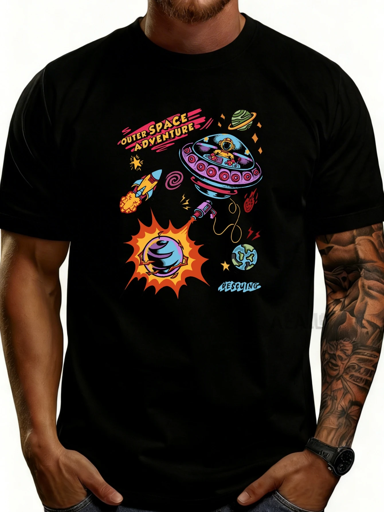 Men's Pure Graphic T-Shirt - Breathable, Soft, Lightweight - Space Adventure Ufo Rocket Planet - Retro Fun Graphic Casual Short Sleeve Summer Top, Gift for Him