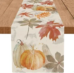 Autumn Pumpkin Maple Leaf Watercolor Retro Table Runner Thanksgiving Harvest Home Kitchen Dining Party Decor Washable Table Flag