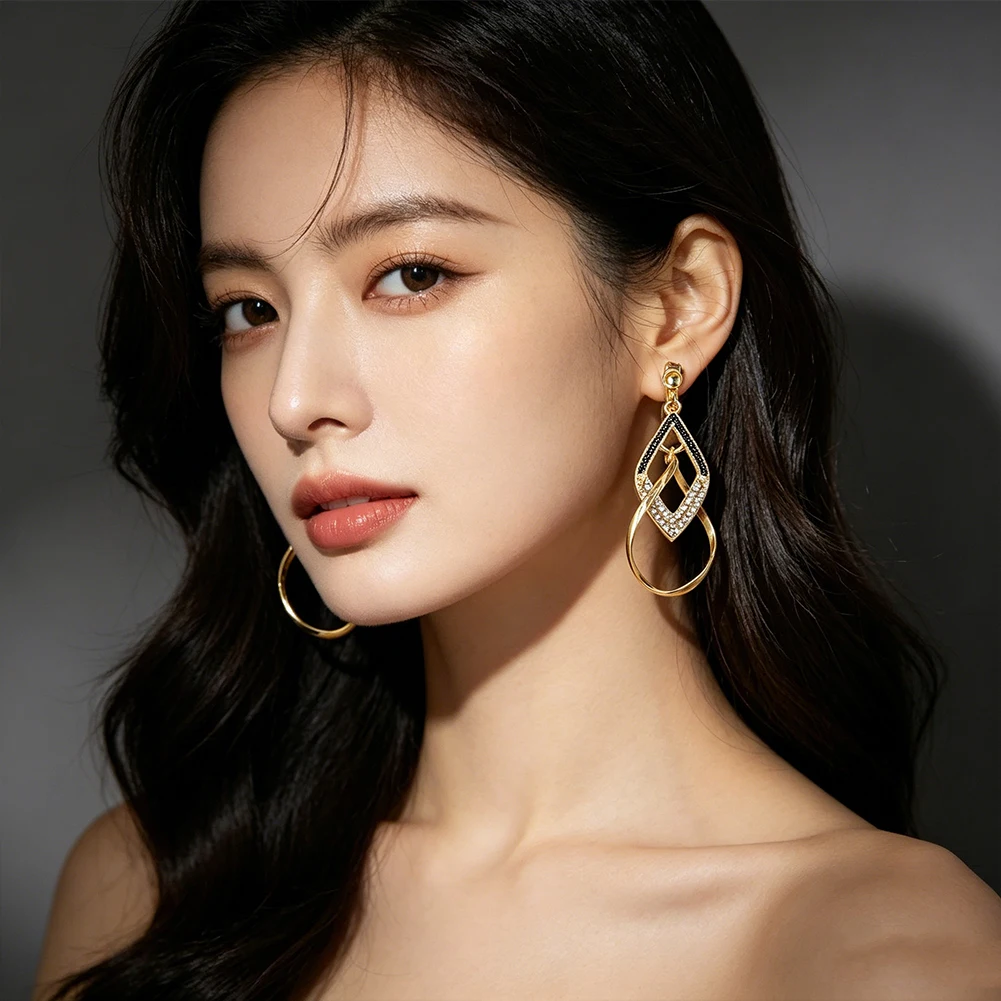 Black and Gold Mobius Earrings Geometric Rhinestone Drop Suitable for Women Daily Outfit Party and Workplace Prom Outfits