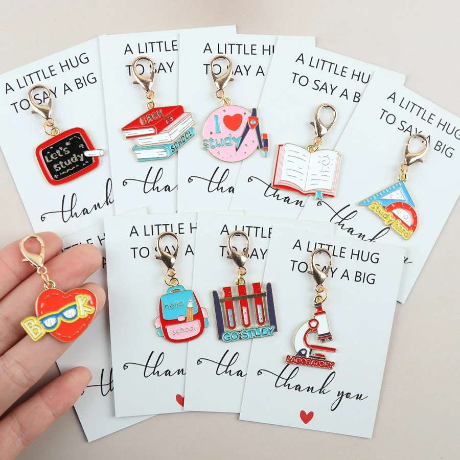 9 pcs A Study Set Keychain, Includes a Complimentary Thank-You Card, Along With Items Like Backpacks, Books,