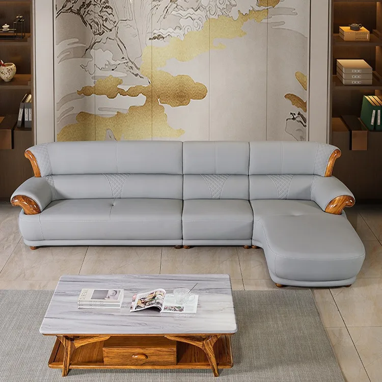 

Черный деревянный кожаный диван, диван из воловьей кожи с верхним слоем, новый кожаный диван для квартиры в китайском стиле, комбинация угловых диванов