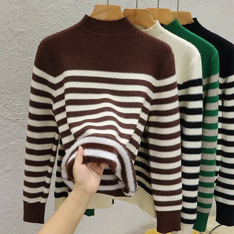 

Stripe Thicken Half Turtleneck Sweater Women's Autumn Winter Warm Plus Velvet Knit Pullover Slim Plush Lined Bottomed Tops