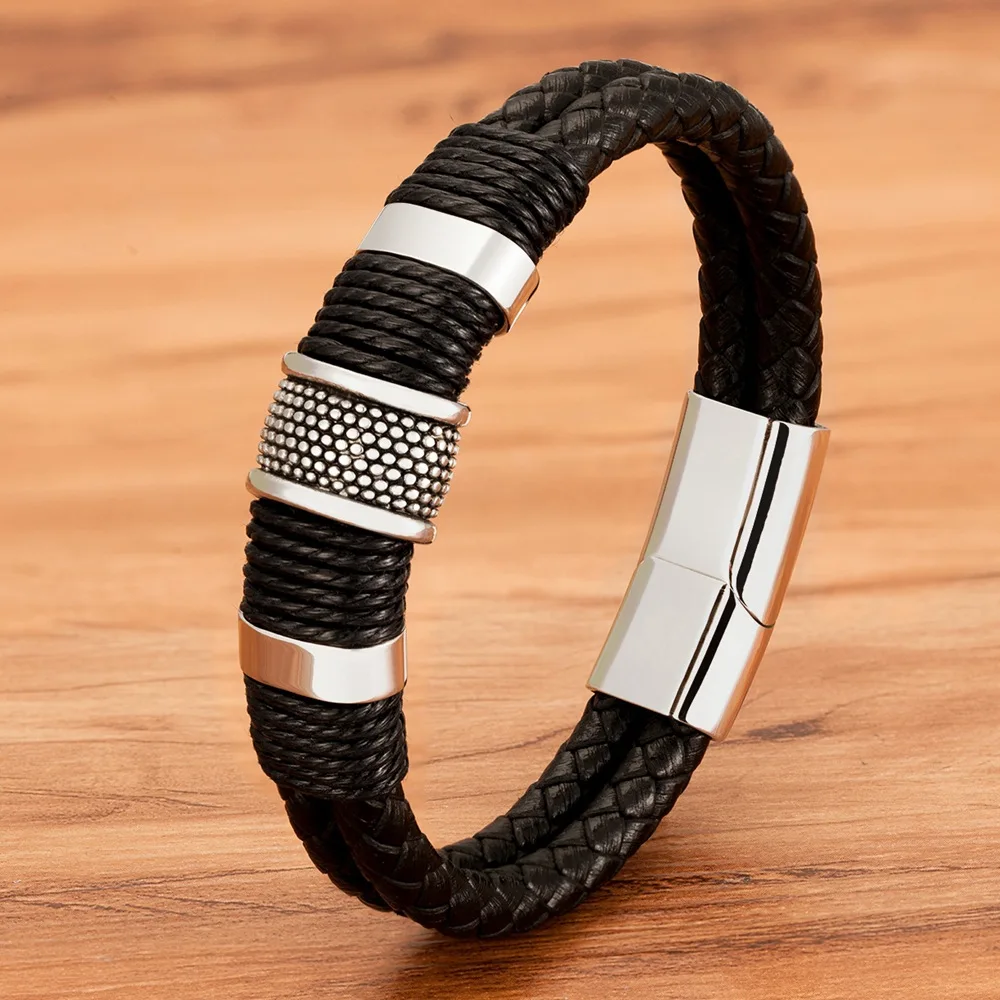 Leather Rope Special Style Classic Double-Layer Design Stainless Steel Men'S Genuine Leather Bracelet