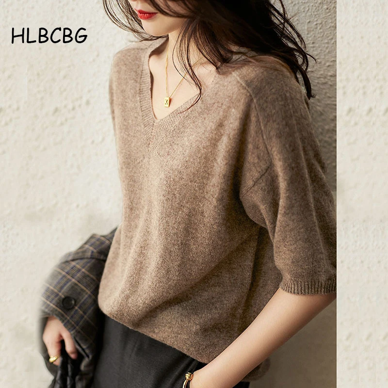 

HLBCBG Solid 2022 Women Basic Sweater Spring Summer CHIC V Neck Womens Sweaters Soft Knitted Elastic Pullovers Top Female Jumpe