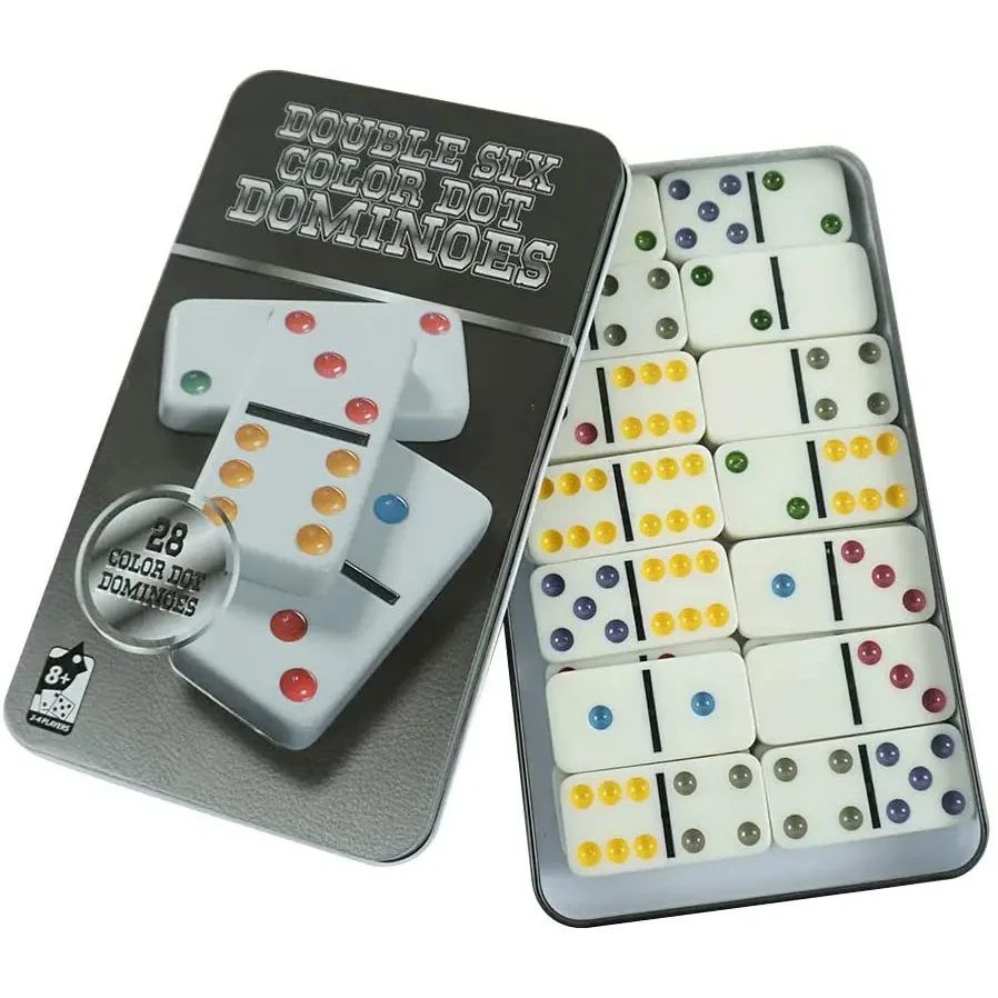 

JOYSTAR 28X Color Dot Double Six Dominoes Table Game Set in Tin Box for Family & Party Entertainment