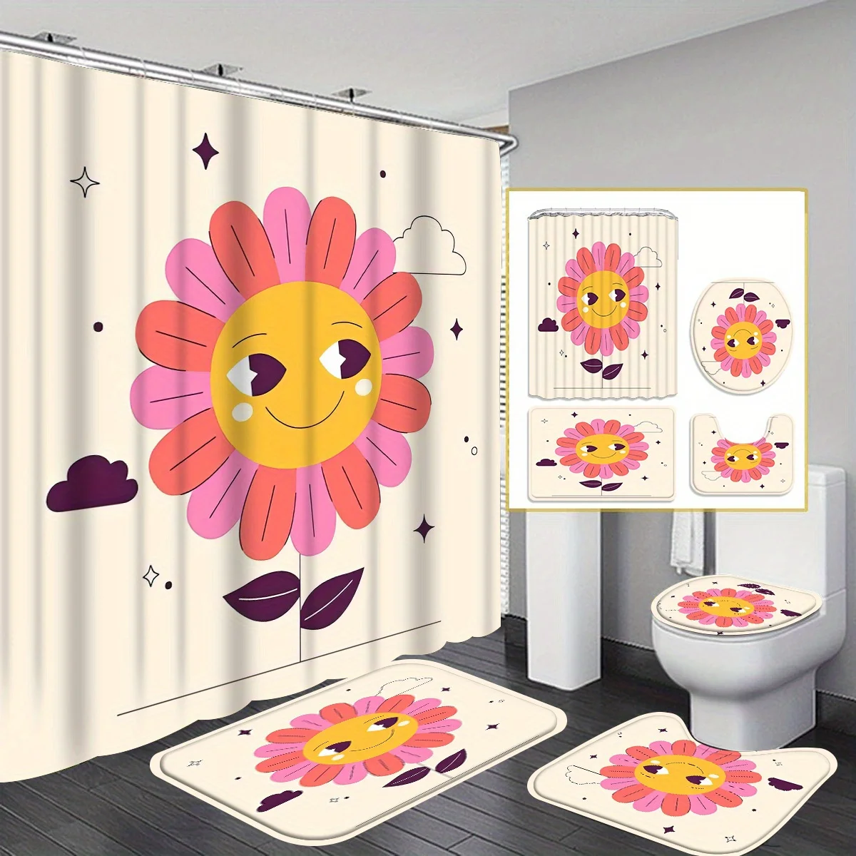 

smiling face 4pcs shower curtain set with 12 hooks -shower curtain, bath mat, toilet seat cover and U-shaped rug - machine
