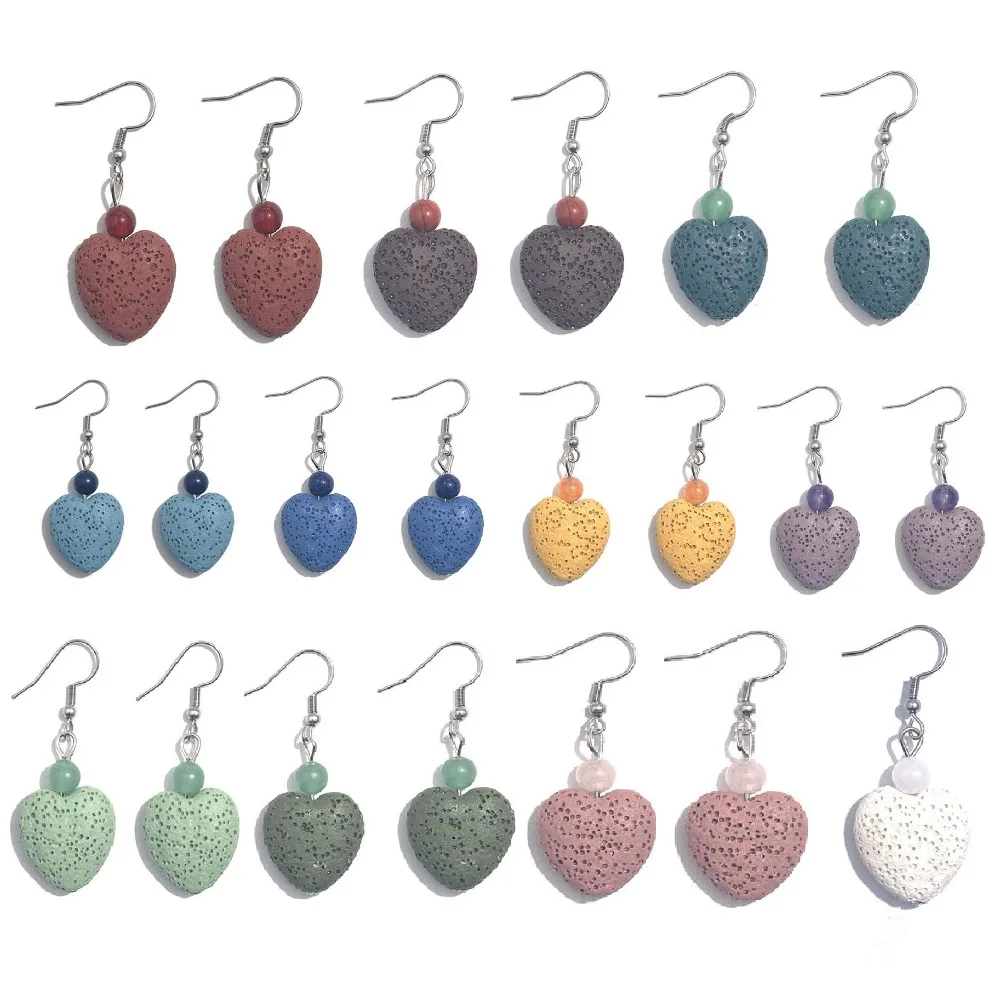 10pc 2cm Heart Shape Colorful Lava Stone Earrings DIY Perfume Essential Oil Diffuser Necklaces Jewelry Women Men Jewelry Set