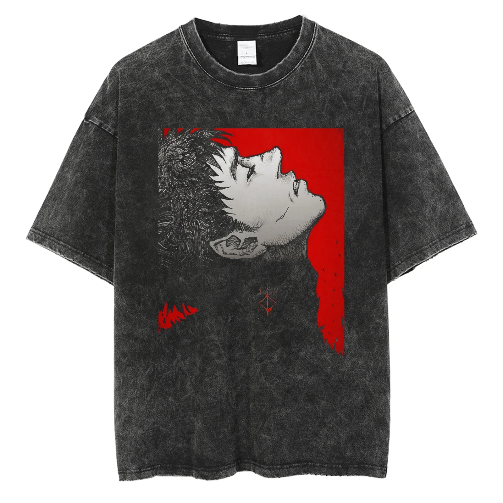 Men Anime Graphic Print T Shirts Washed Vintage Oversized T-shirt Harajuku Streetwear Cotton Loose Short Sleeve Tshirt Tees Tops