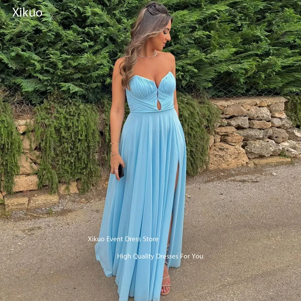 

Xikuo Pleated Bodice A Line Formal Evening Dress Sky Blue Hue Sweetheart Party Gown High Slit Cut Out Robe De Soirée Customized