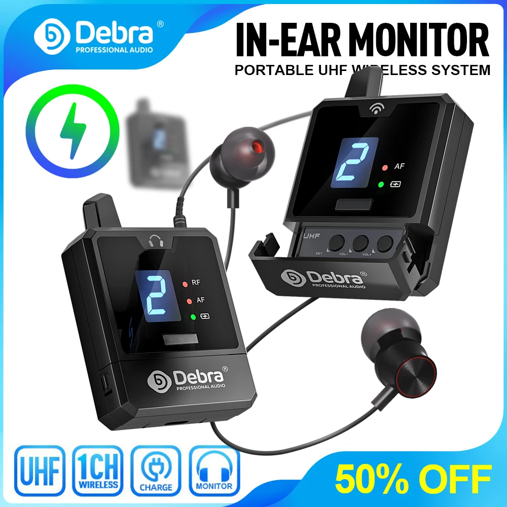 Debra UHF IEM Wireless In-Ear Monitor System Audio-Mini UHF Rechargeable for Music Audio Monitoring Live Broadcast