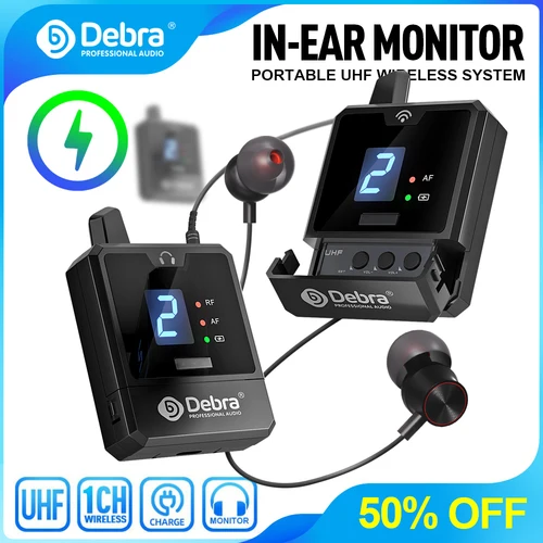 Debra UHF IEM Sistema de monitorización intrauditiva inalámbrico Audio-Mini UHF recargable para música Monitoreo de audio Transmisión en vivo