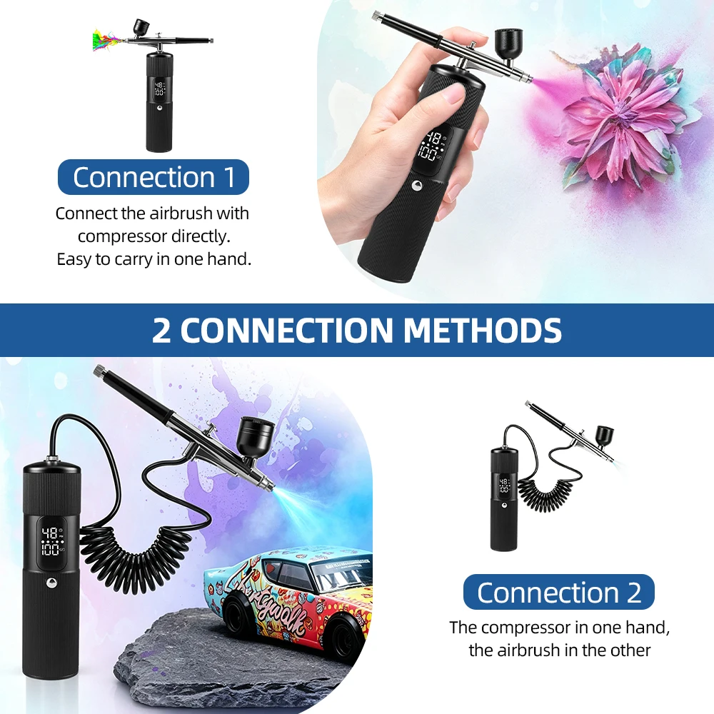 Wireless Airbrush Kit 48PSI Mini Air Compressor with 0.3mm Nozzle Adjustable Pressure Fine Spray Gun for Nail Art Makeup Crafts