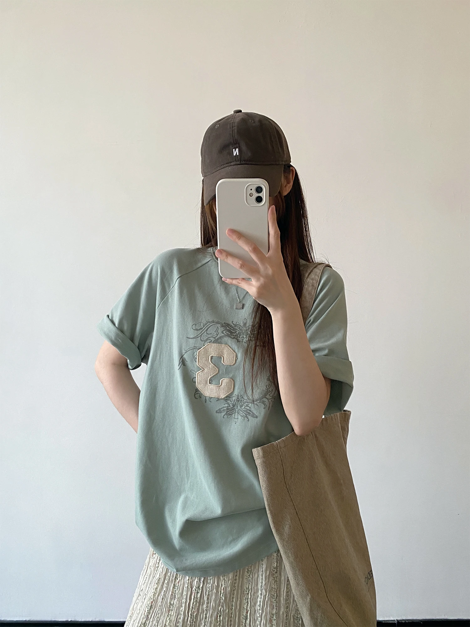 SunYeo Bean Green Short Sleeve T-Shirt Women Summer Loose Cold Sensation Vintage Patchwork Casual round Neck Top