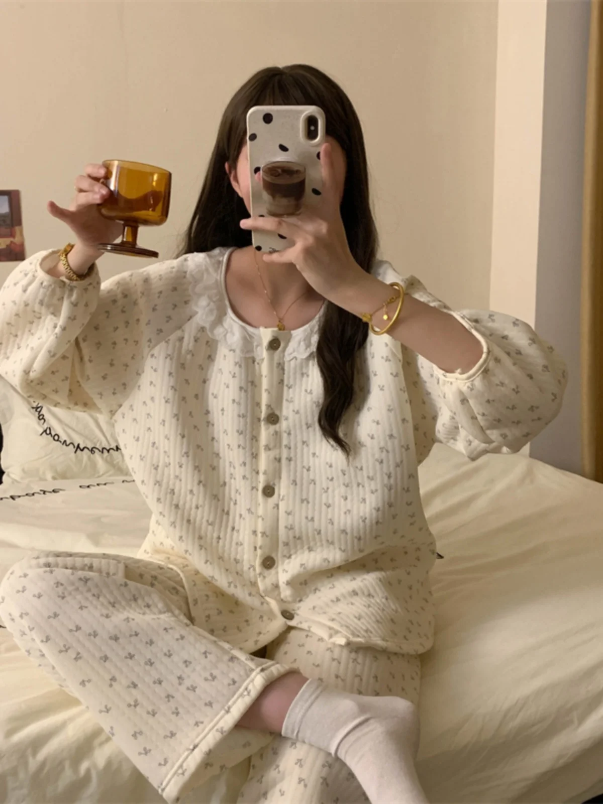 Sweet Lace Floral Print Air Layer Cotton Sleepwear Set for Girls Autumn Winter Home Wear Outerwear Long Sleeve V-Neck Thermal