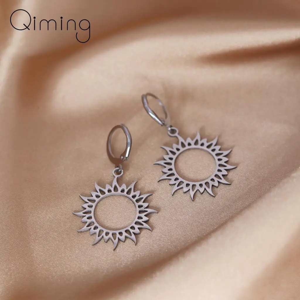 Stainless Steel Handmade Sun Symbol Hoop Earrings For WomenJewelry Talisman Earrings Gift