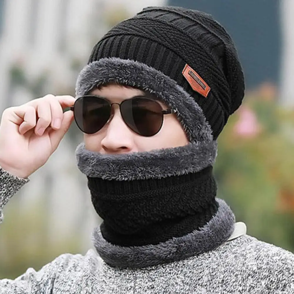 Gorro de punto grueso a la moda, conjunto de tres piezas para invierno frío, ciclismo, bufanda cálida a prueba de viento, guantes, gorro de punto, bufanda para el cuello, gorro para hombres