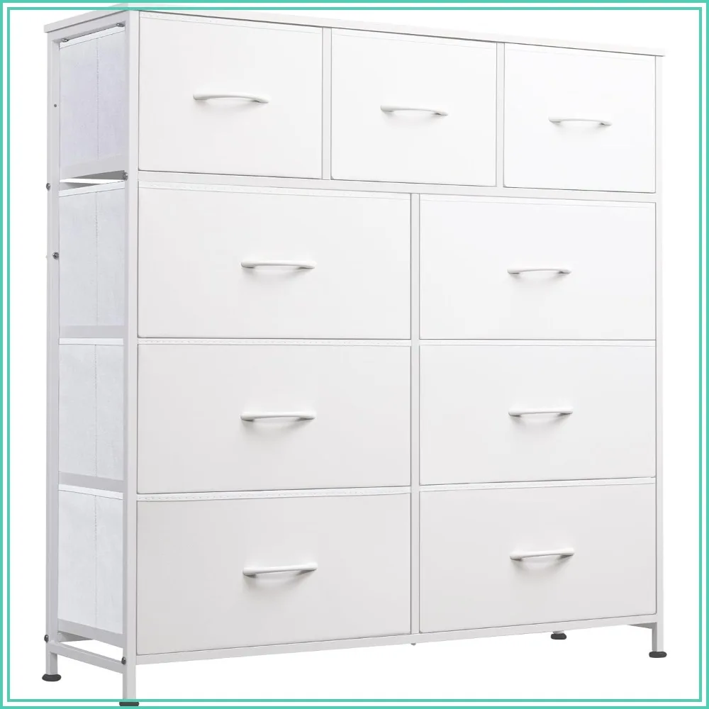9-Drawer Tall Dresser with Sturdy Steel Frame, White Fabric Storage Tower for Bedroom, Closet, Entryway, Easy Assembly