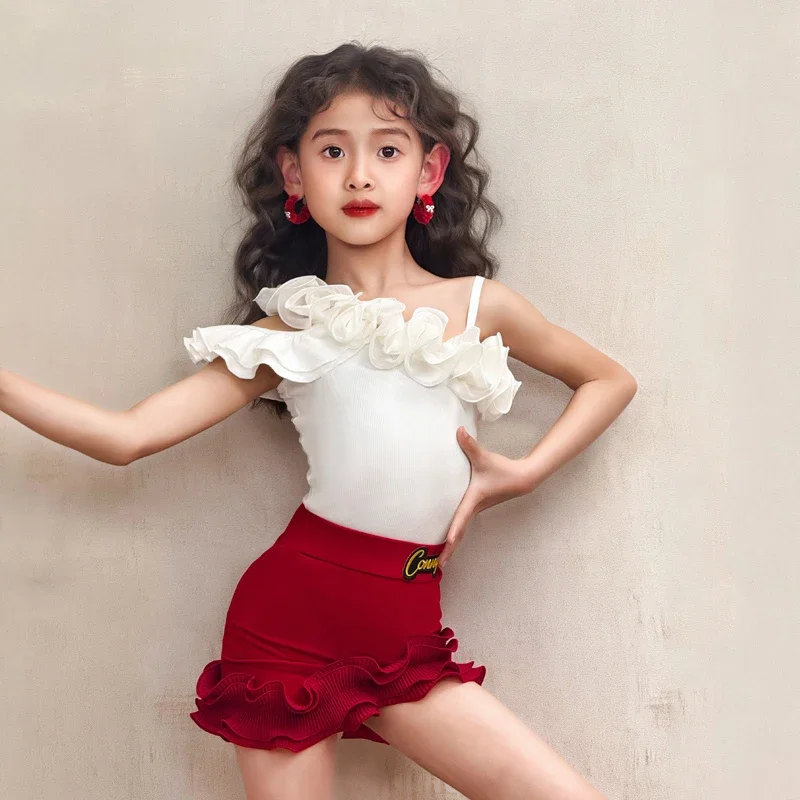 

Children Slanted Shoulder Latin Dance Costume Girls Dancing Stage Performance Wear Practice Set White Bodysuit Red Skirt