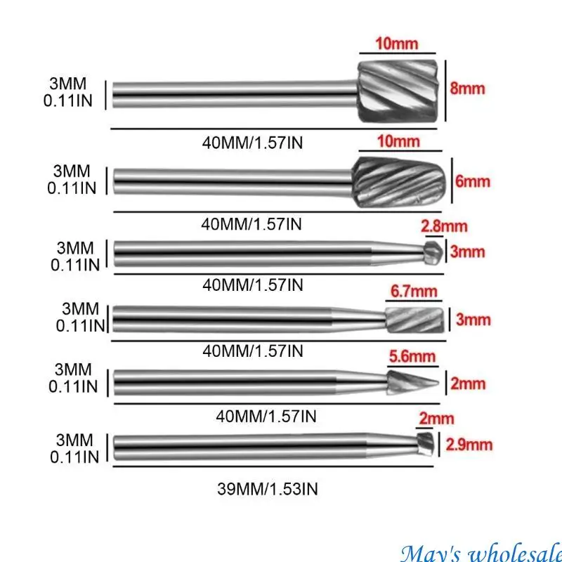 6Pieces Carbides Burr Set 3mm Shank Carbides Burr Set Head Die Grinder Bit for DIY Woodworking Metal Carving Engraving 448A