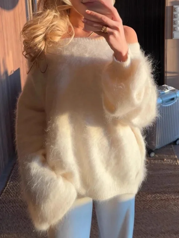 

Женский однотонный свободный вязаный свитер на одно плечо, теплый, осенне-зимний, модный, для повседневной носки, с длинным рукавом