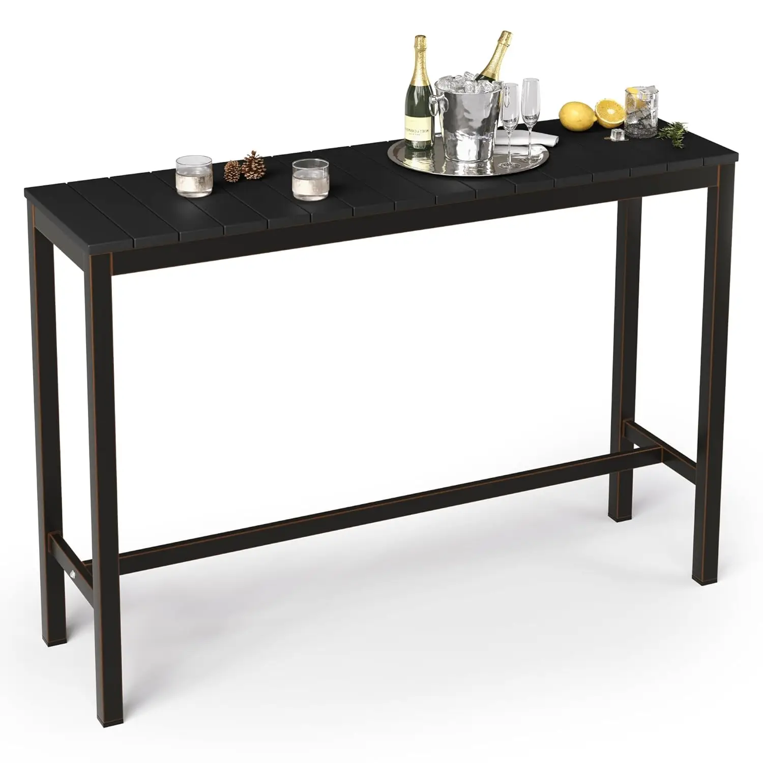 

Outdoor Bar Table, 55" Patio Bar Height Counter Console Table, Black Waterproof HDPS Slatted Top and Bronze Leg, Weather Resista