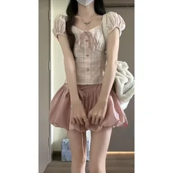 Summer Woman Korean Fashion 2 Piece Set Woman Sweet Pink Plaid Blouse + Kawaii Mini Skirt Casual Japanese Style Suit Chic