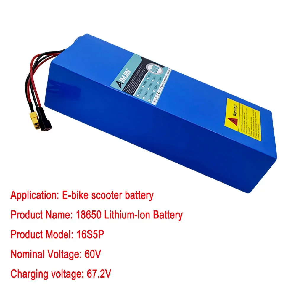 60V 20Ah 16S5P 18650 Battery Pack 100% Real Capacity 1800W Power Li-ion Battery for Electric Bike Scooter Built-in BMS