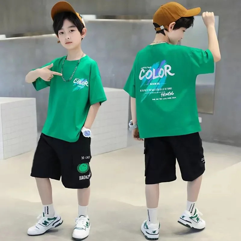 5 6 8 10 12 Years Teen Boys Clothing Set Summer Letter Graffiti Short Sleeve T-shirt+Shorts 2Pcs Suit For Kids Casual Outfit