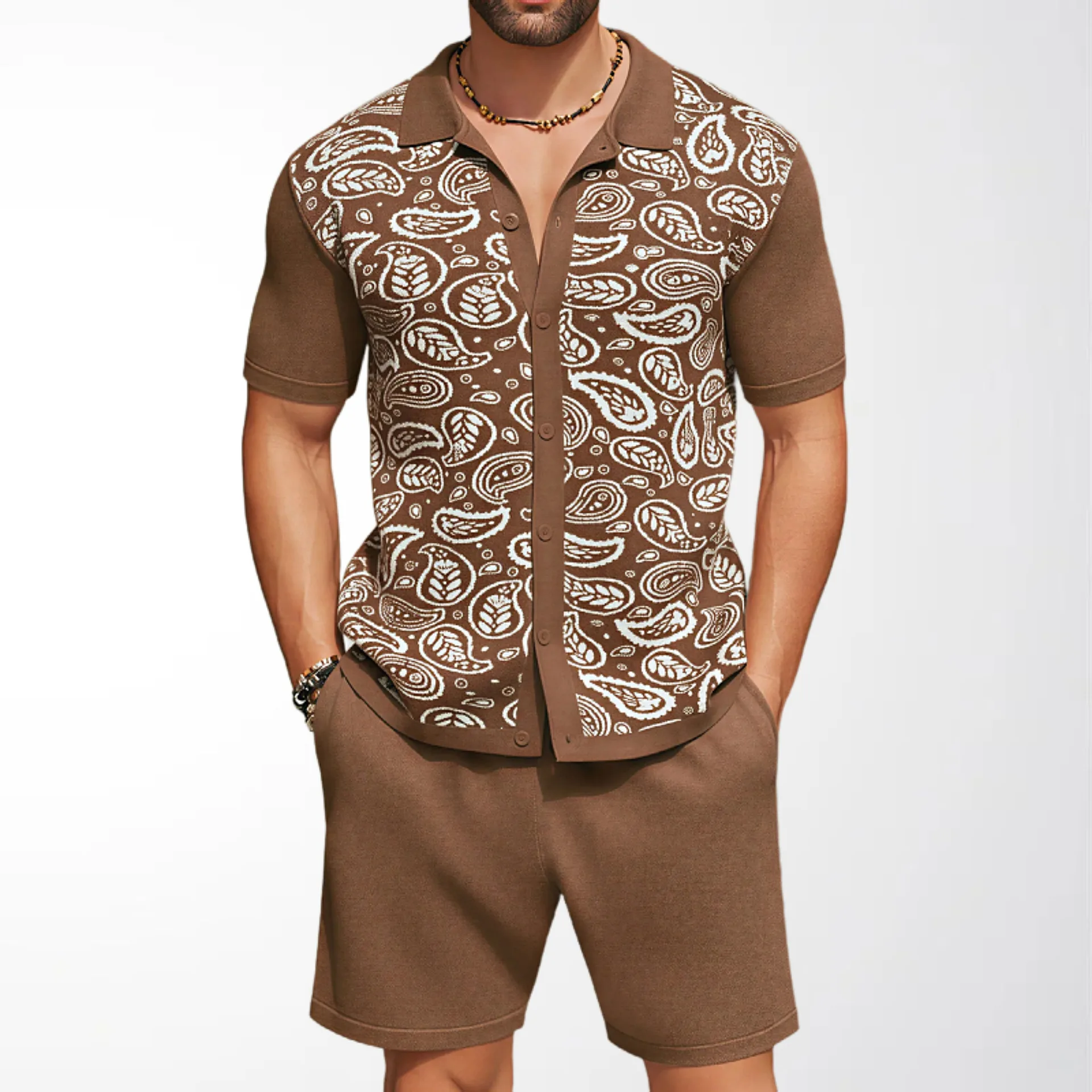 New 2026 Men's 2 Pieces Sets Jacquard Tracksuit Lapel Knit Short Sleeve Polo Shirts + Shorts Summer Button Cardigan Tops SY0218