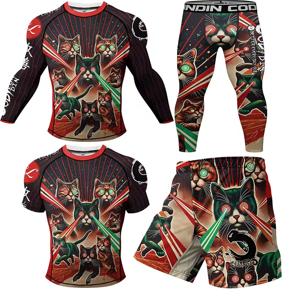 New Men Rashguard Jiu Jitsu T-shirts+Pants 4Pcs/Sets Bjj MMA Boxing Jerseys Kickboxing Muay Thai Shorts Sport Clothing Fightwear