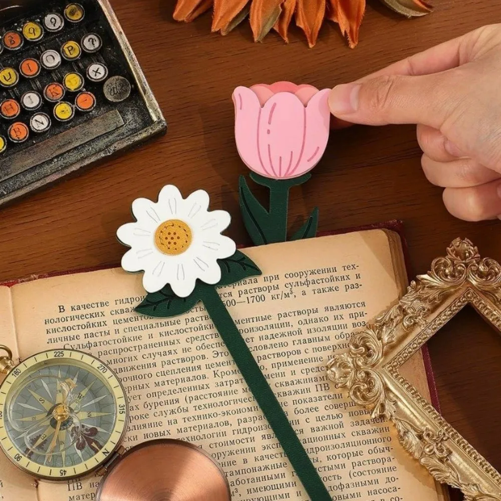 Cute Faux Leather PU Bookmark Soft Floral Patterns Page Marker Rose Sunflower Long Bookmark Writers