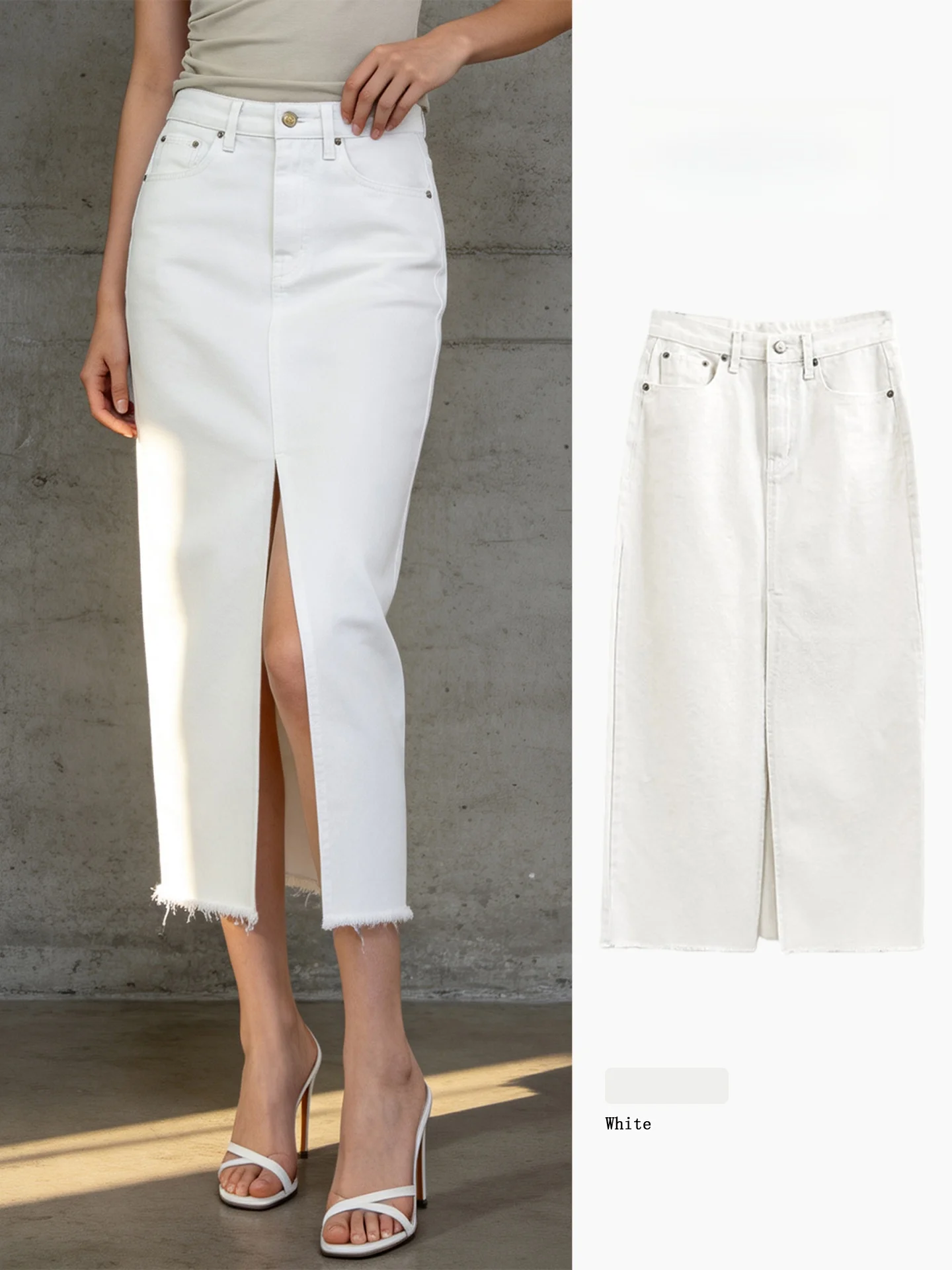 

White Denim High Waist Straight Leg Skirt Women's Summer Slimming Skirts Luxury Sensation Pencil Skirt Zipper Closure