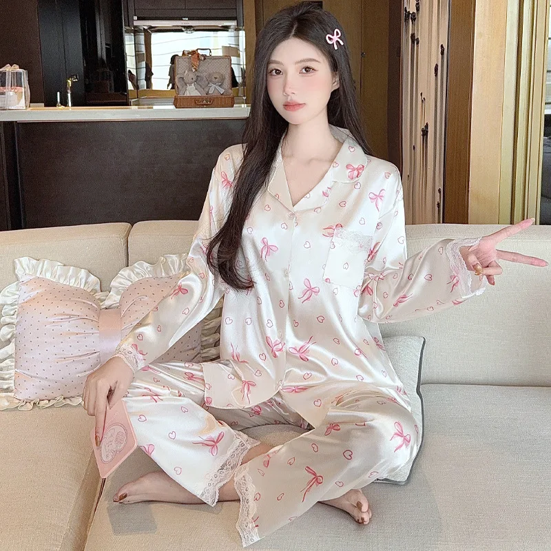 

French-Style Pure Youthful Girl Pajamas, Ice Silk, Spring and Summer Thin Long-Sleeve and Long Pants, Ins-Style Homewear Set