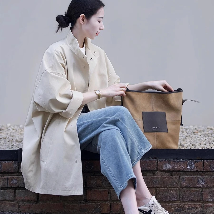 Japanese Style Casual Women's Coat Korean Version Pure Color Commute Long Sleeve Mid-Length Loose Fit Windbreaker