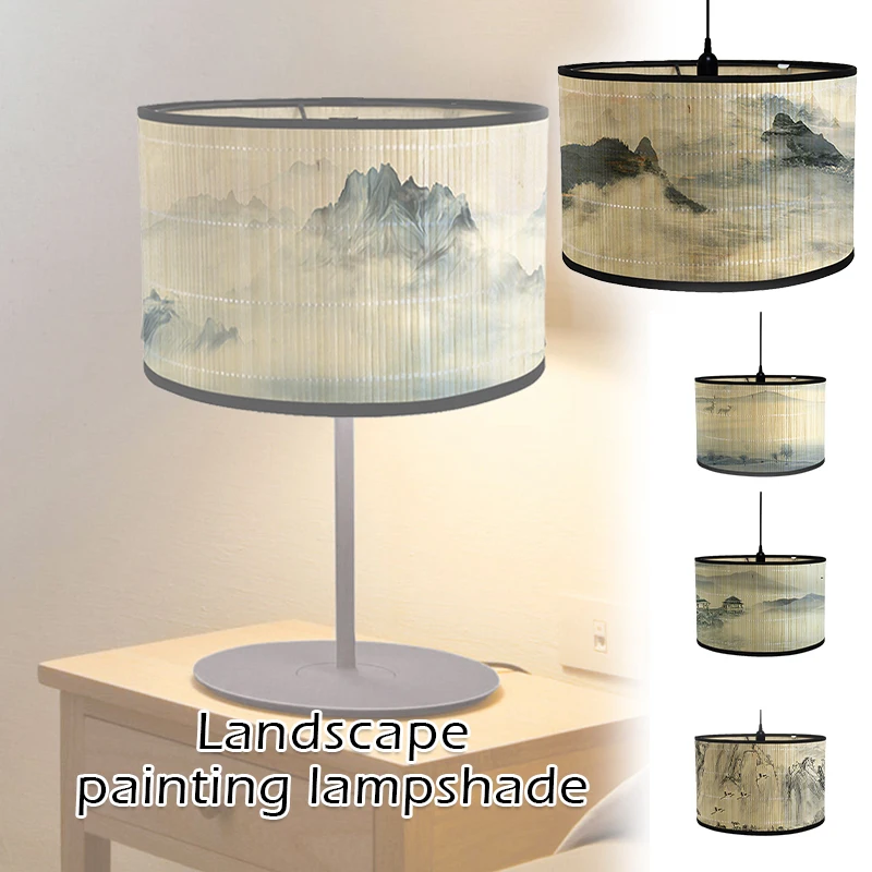 Japanese Style Lamp Shade Bamboo Art Light Shade Chinese Ink Landscape Painting Lampshade Bamboo Chandelier Wall Lamp Cover