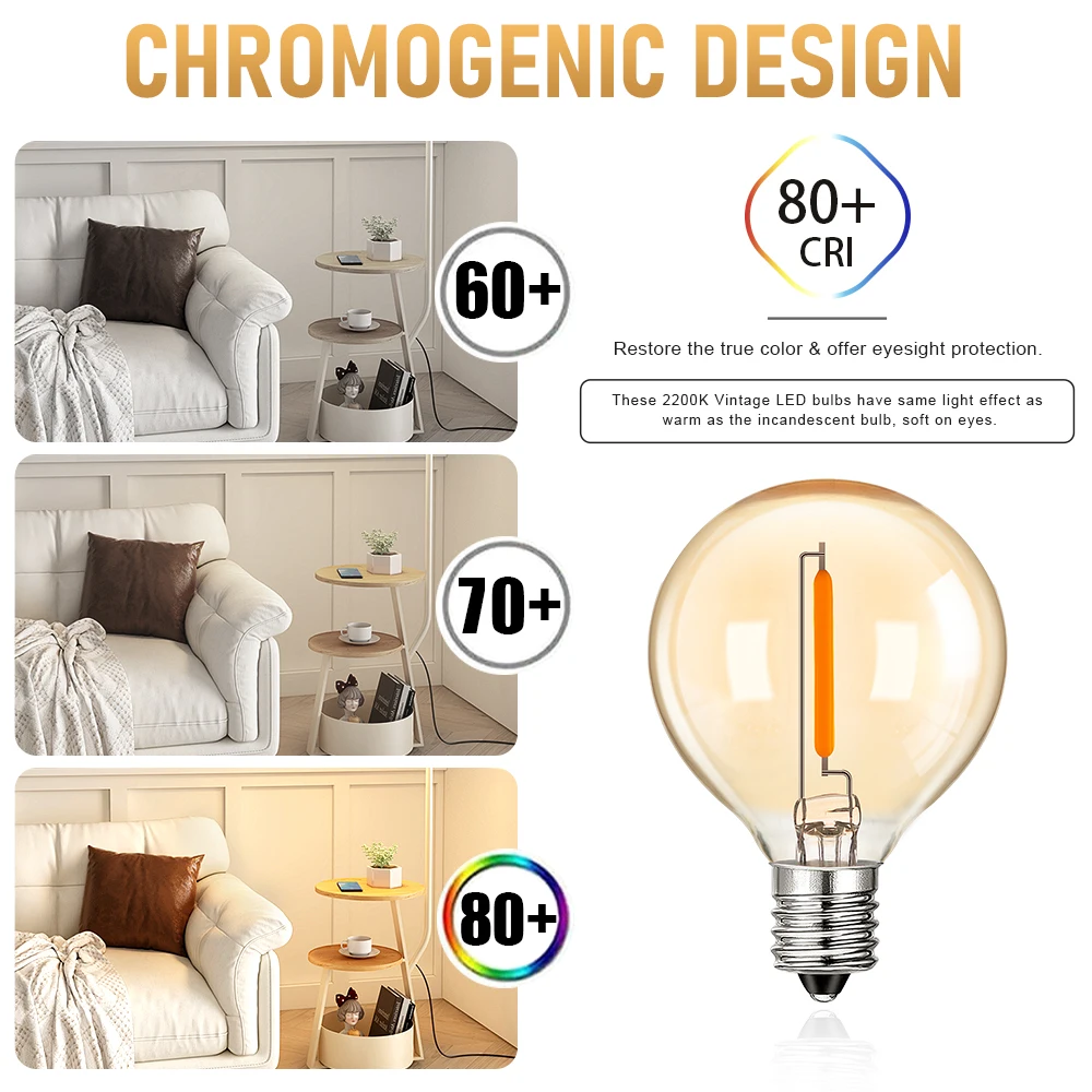 Vintage Globe LED Edison Light Bulbs G40 1W 220V 110V Amber Glass Light Lamps E12 Base Warm White 2200K Living Room Lighting