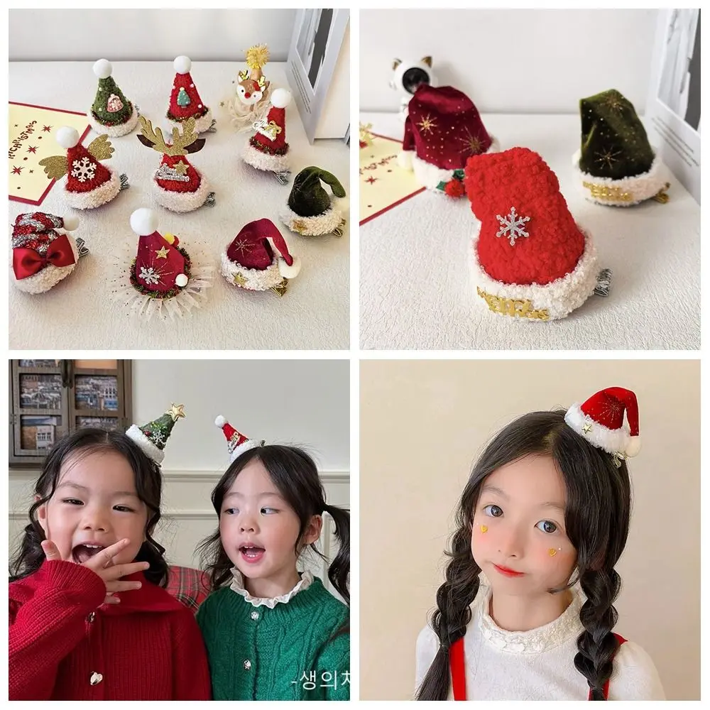 Merry Christmas Decor Christmas Hat Hairpin Sequin Bowknot Children Deer antler Hair Clip Snowflake Red Barrette