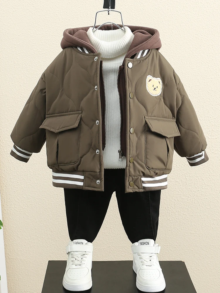 

Thiened Fce Cotton Jaet for Boys Warm Sli Fake Two-Piece Sle Autumn Winter Clothes Baby Toddler Kids Faionable...