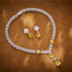 Designer Collection Necklace Earrings Women Lady Inlay Yellow Cubic Zircon Marquise Cut Collarbone Chain Jewelry Sets