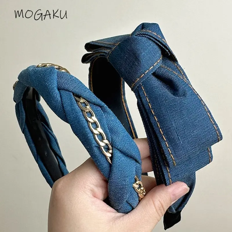 

MOGAKU Blue Denim Headbands Women Summer Fashion Bowknot Hairbands Girls Metal Chian Headpieces Korean Style Daily Accessories