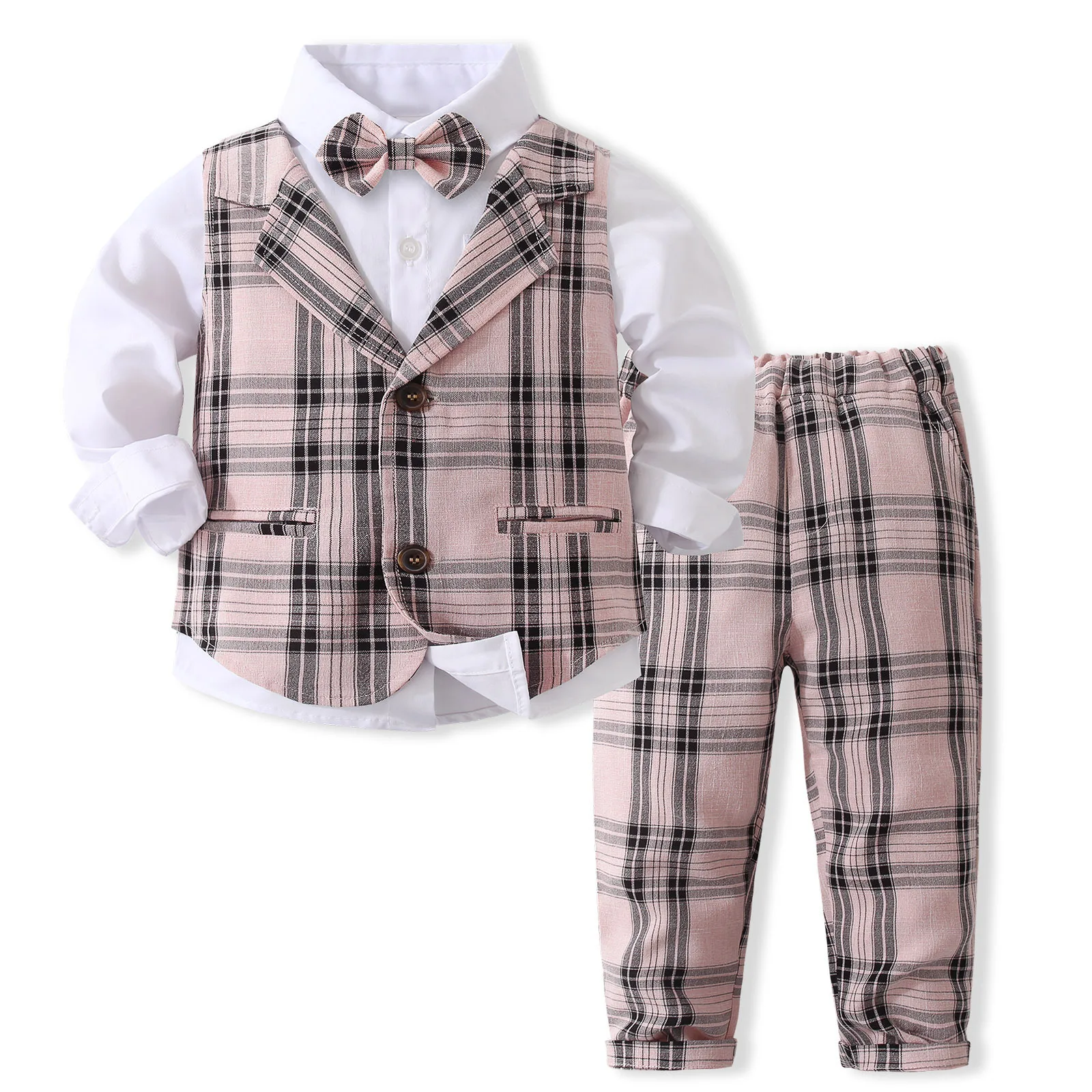 

Autumn Vest Boutique Clothing Set for Boys Children Pink Plaid Vest Pants with Classic White Shirt Suits Kids Birthday Costumes