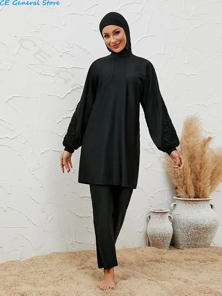 2024 Summer Dubai Modest Abaya 3 Piece Set Black Burkini Muslim Mujer Swimwear Women With Swim Cap Robe Femme Musulmane Clothing