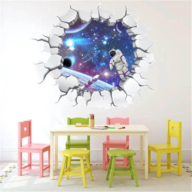 Space Galaxy Planet Wall Stickers For Kids Room Home Decor Living Room Boy Bedroom Landscape Broken Universe Mural Decals Muraux