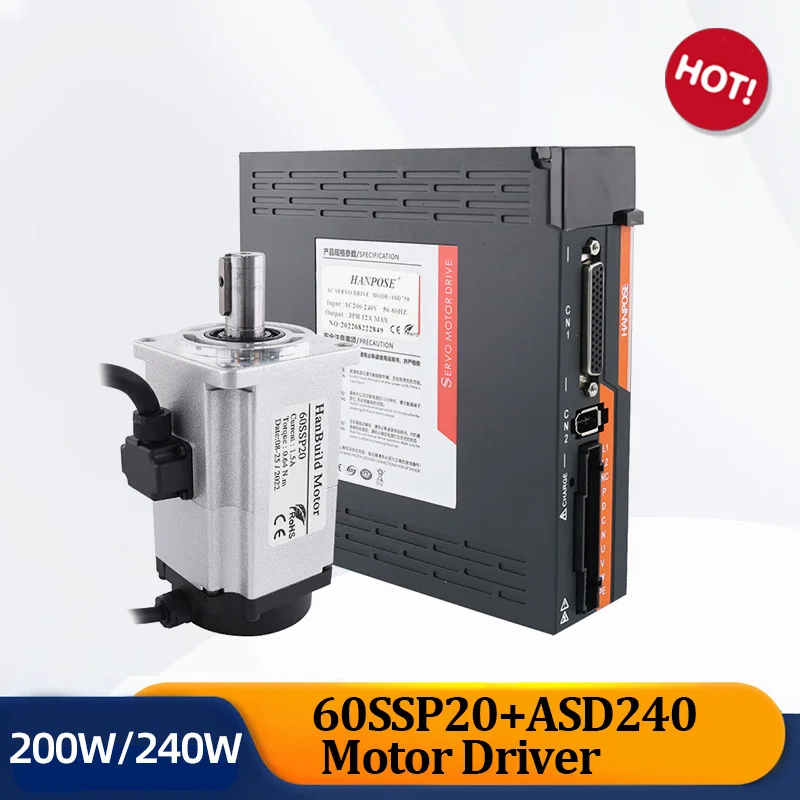 0.2kw Servo Motor With Brake 1.5A 0.64N.m 60SSP20+ASD240 Servo Driver+3M Cable CNC Mechanical 200W Servo Motor drive Kit